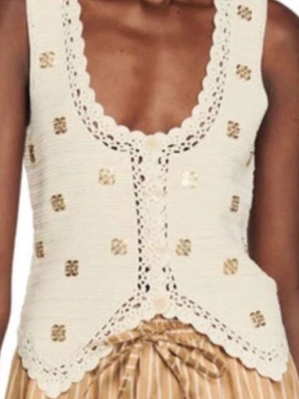 Sandro Cream Crochet Button Vest with Gold Accents